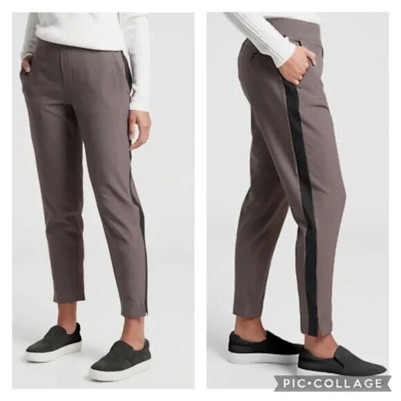 Athleta Pants - Athleta Brooklyn Brown Plaid Ankle Pant Travel Joggers Black Stripe Size 0